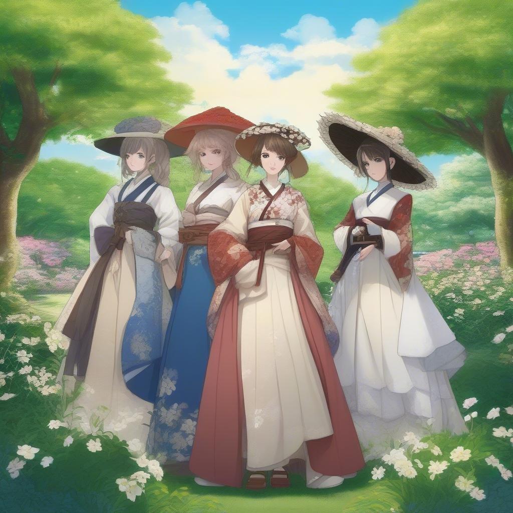 A group of girls from different eras join forces in a serene garden setting. Their Victorian-era attire contrasts with their samurai faces, creating an imaginative blend of cultures and times.