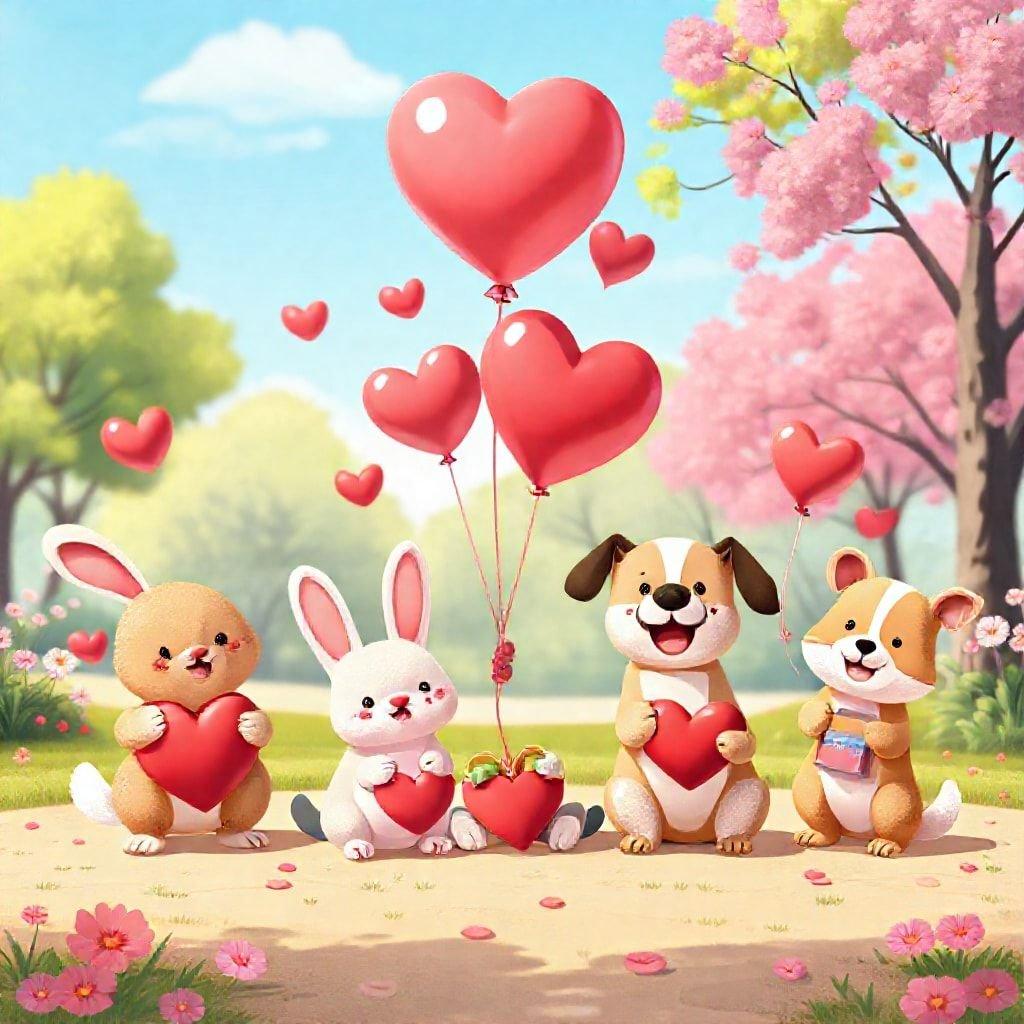 Esta adorable escena de cuatro animales lindos - un conejito, un gato, un perro y otro perro - es perfecta para tu escritorio o pantalla móvil para celebrar el Día de San Valentín. Todos sostienen corazones, añadiendo un toque cálido y festivo a la imagen.