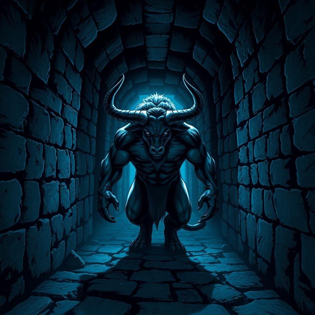 This fantasy wallpaper features a powerful minotaur standing in the center of a dark and mysterious labyrinth. The minotaur's imposing figure and the eerie atmosphere of the labyrinth create a sense of tension and foreboding.