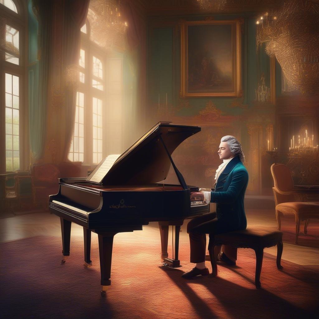 Este impresionante fondo de pantalla presenta al renombrado compositor Wolfgang Amadeus Mozart en un entorno sereno, rodeado de muebles elegantes y una suave iluminación. La imagen captura la esencia del genio musical de Mozart y su atractivo atemporal.