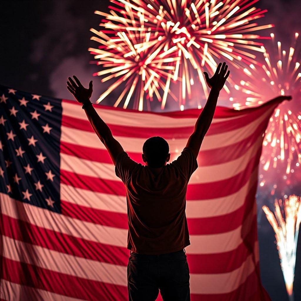 Person celebrating 4th of July with raised arms. American flag on display amidst fireworks