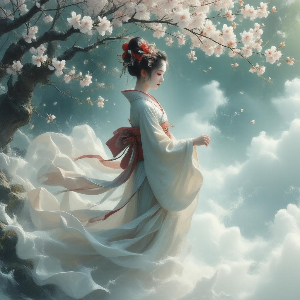 Plongez dans le monde serein de l'anime avec ce fond d'écran captivant mettant en scène une geisha flottant au milieu des cerisiers en fleurs et d'une végétation luxuriante, le tout sur fond de lumière douce et onirique.