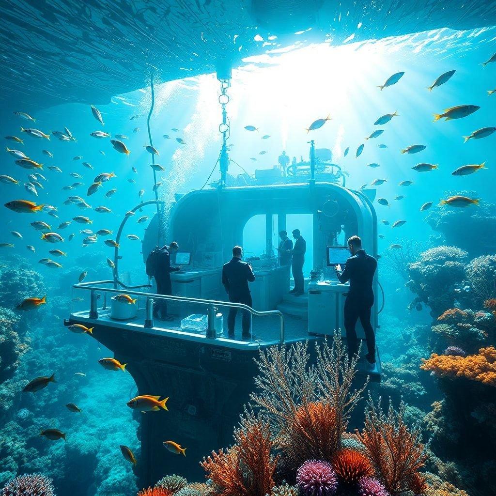 Exploring the vibrant underwater world, a group of scuba divers on an exciting dive. Sharing a moment in the open ocean surrounded by colorful marine life.