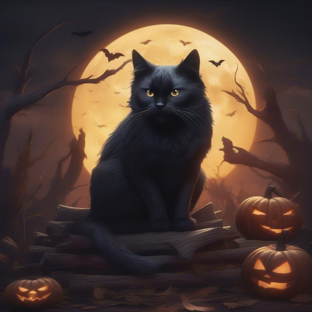 This spooky Halloween wallpaper features a black cat sitting on a pile of wood in front of a full moon with bats flying around it. The image is perfect for those who love Halloween and want to add a touch of darkness to their desktop or mobile wallpaper.