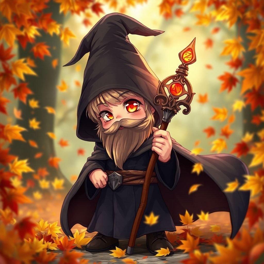 Immerse yourself in the enchanting world of anime with this captivating wallpaper, featuring a mystical wizard amidst swirling autumn leaves.