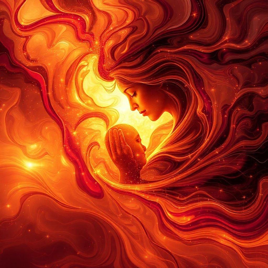 This artistic wallpaper captures the tender bond between a mother and child. The warm, fiery hues evoke a sense of love and protection, making it perfect for Mother's Day celebrations.