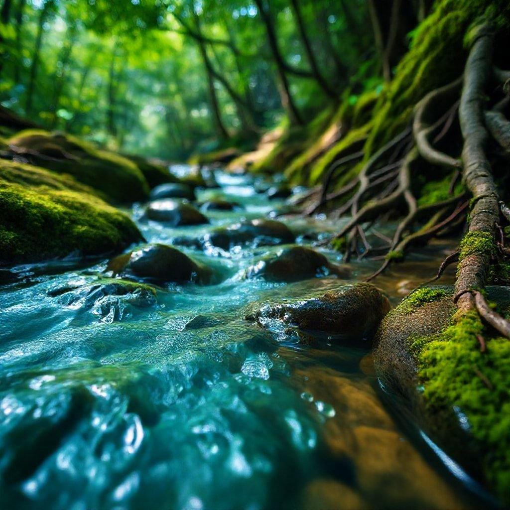 A peaceful and natural scene, with a stream of water flowing through a forest.