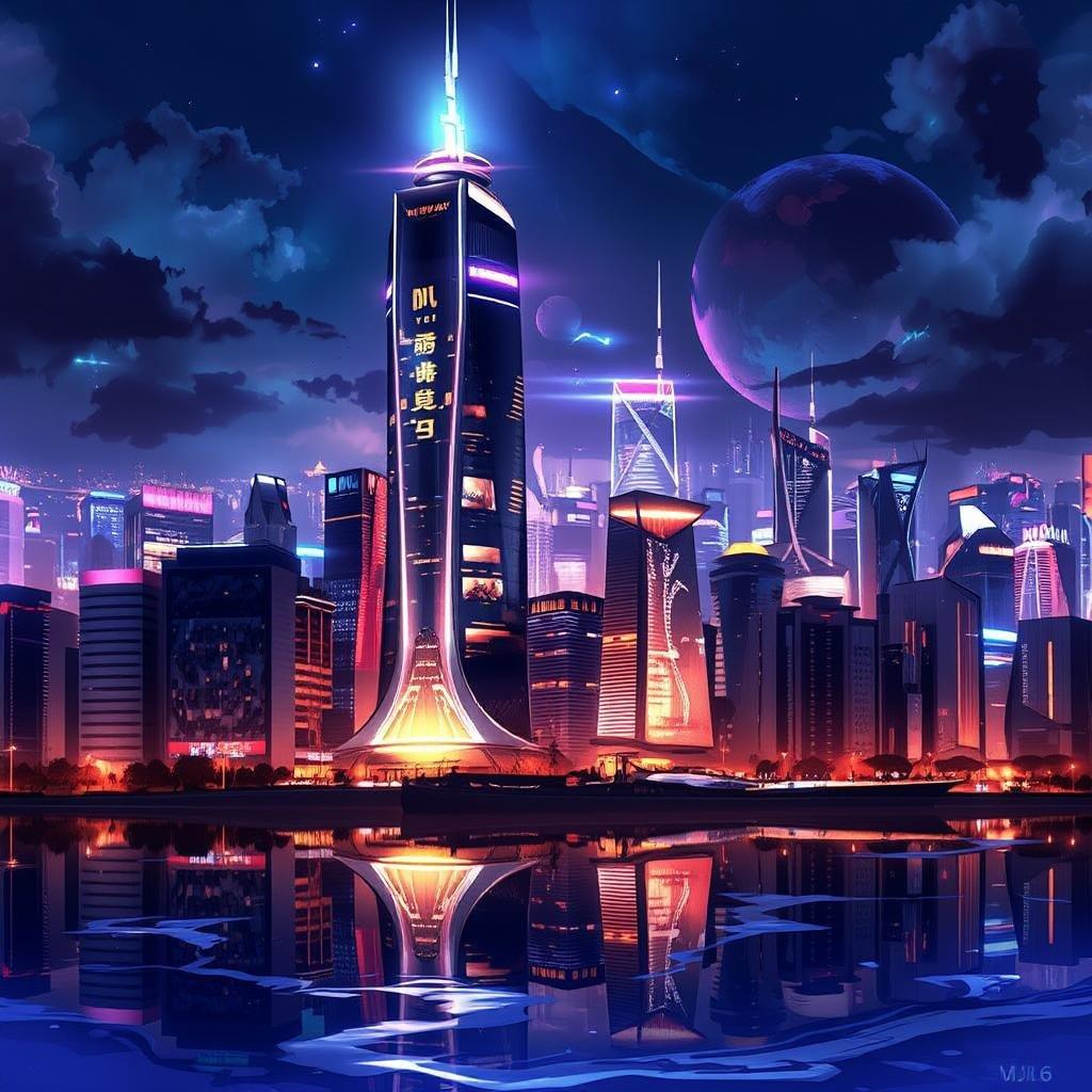 Experience the vibrant energy of a futuristic city at night with a stunning skyscraper and serene lake reflection.