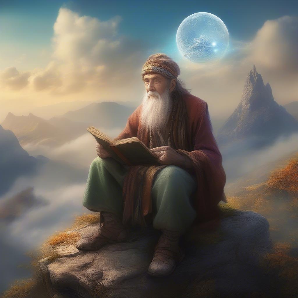 A serene depiction of a wise old sage sitting on a rock, reading a book with the moon in the background.