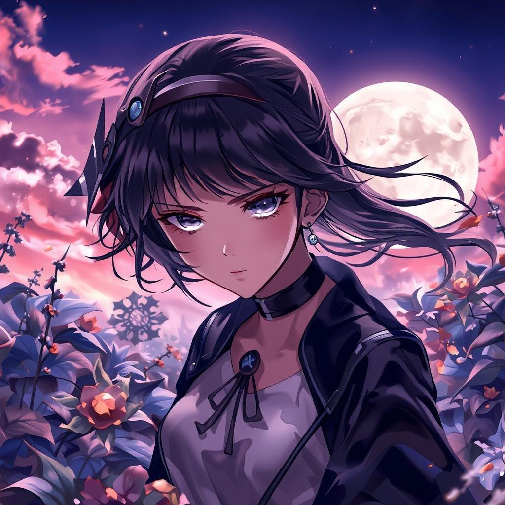 A young woman in an ethereal nighttime garden, under the full moon's watchful gaze.