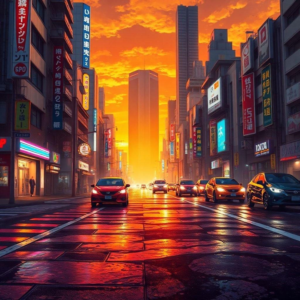 Dyk ner i det lysande hjärtat av Tokyos futuristiska stadslandskap vid solnedgången. Bilar zoomar nerför de blöta gatorna medan neonskyltar reflekteras på asfalten och skapar en anime-inspirerad urban atmosfär. Staden är badad i varma orange och gula nyanser, vilket ger en känsla av mysterium till den livliga scenen.