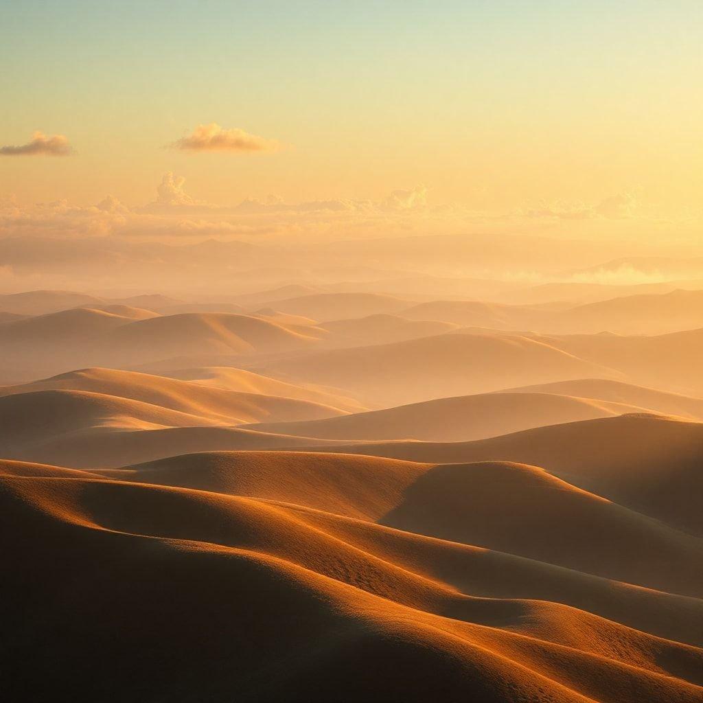 This image is a breathtaking landscape of sand dunes in the desert. The dunes are tall and majestic, stretching as far as the eye can see. The sun is setting in the background, casting a warm orange glow over the entire scene. The sky is a deep shade of blue, with a few wispy clouds scattered throughout. The overall effect is one of serenity and tranquility, inviting the viewer to step into the peaceful world of the desert.