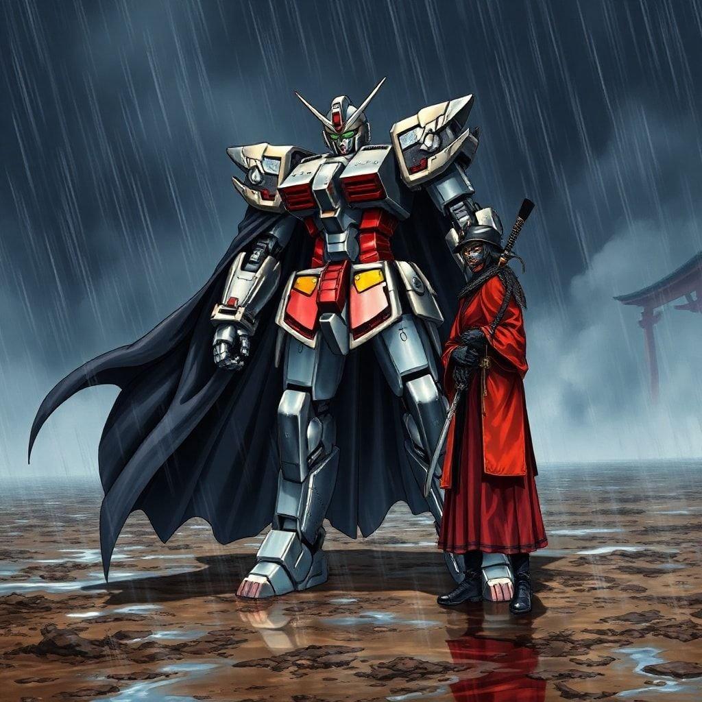 This anime wallpaper features a striking mecha robot and a samurai standing on a muddy ground, set against a dark and foggy backdrop. The robot's sleek armor and sharp teeth are juxtaposed with the samurai's regal demeanor, creating a dynamic and intriguing scene.