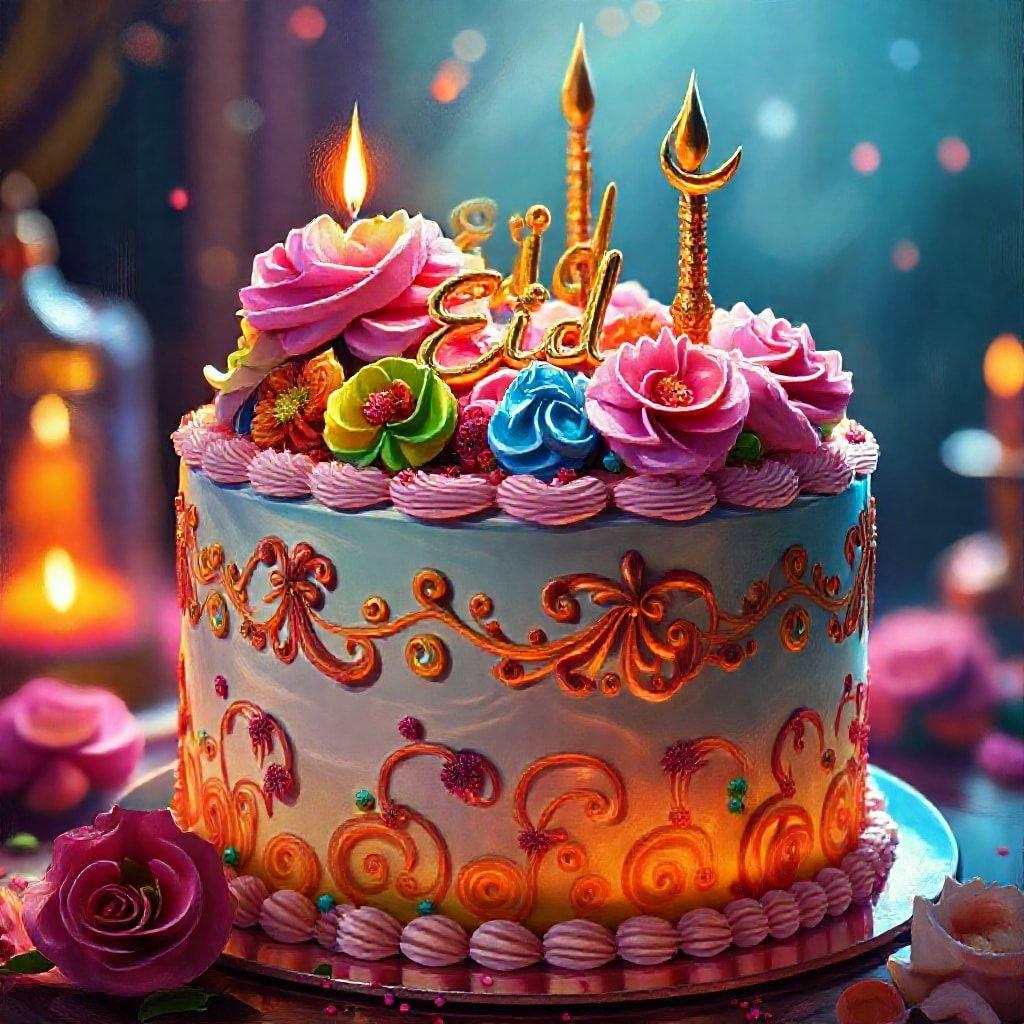 A festive cake decorated with colorful flowers, celebrating the joyous occasion of Eid.