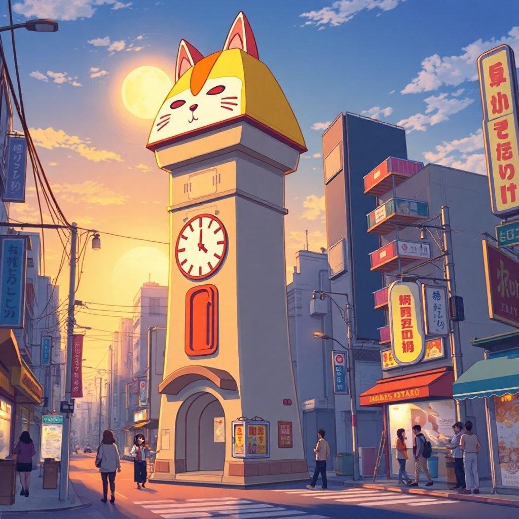 In this whimsical anime illustration, a cat clock tower stands tall in a bustling Tokyo street. The vibrant yellow and orange roof glows under the setting sun, adding a magical ambiance to the scene.