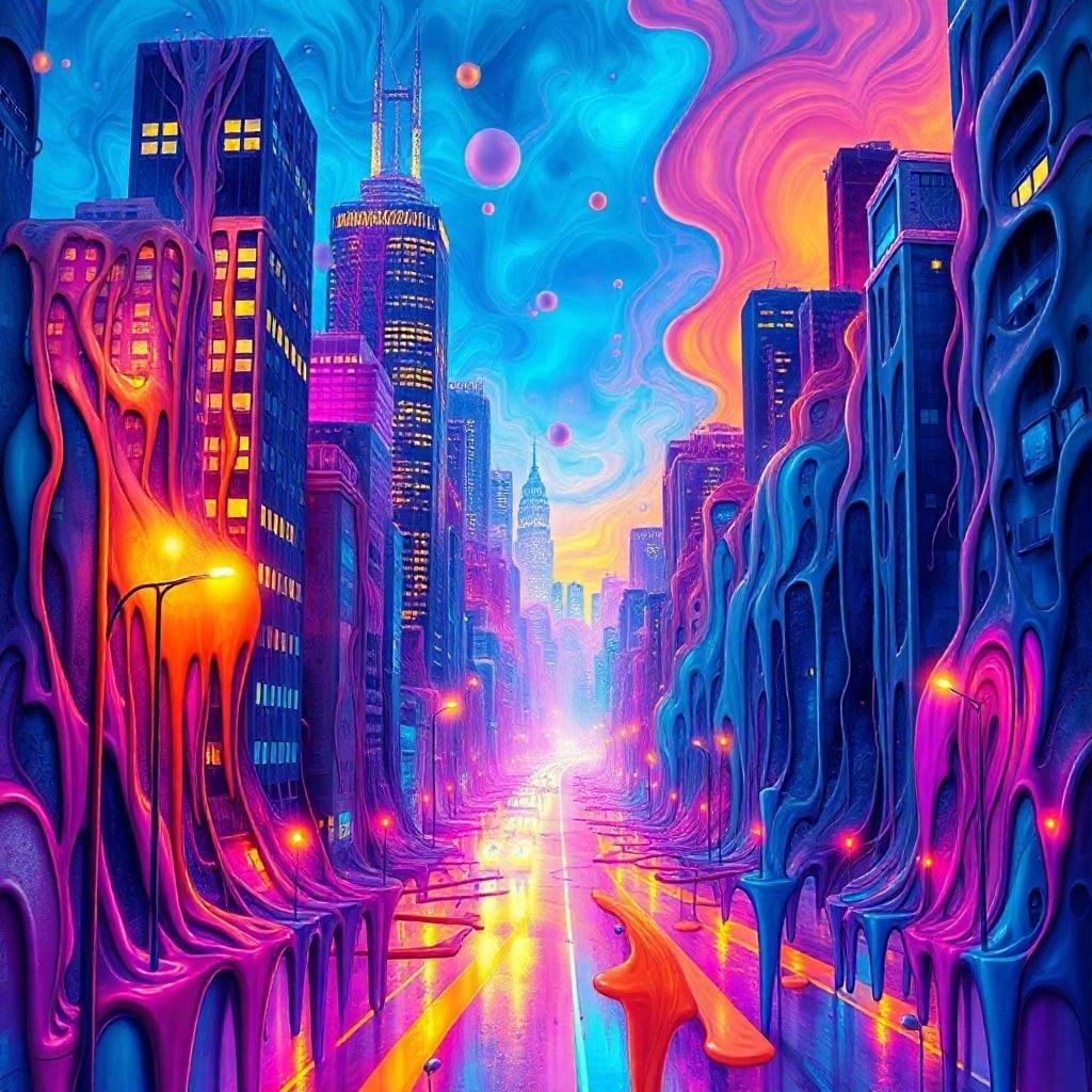 This vibrant abstract wallpaper brings a futuristic city to life with its neon lights and towering skyscrapers.