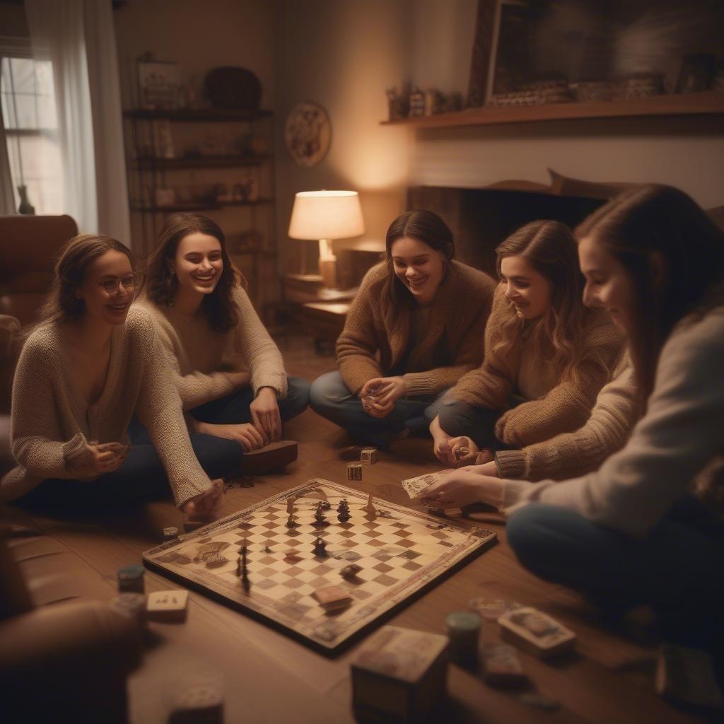 A group of friends, both young and older women, sitting together on the floor in a cozy living room, laughing and playing checkers. A warm and nostalgic image capturing the joy of simple pleasures.