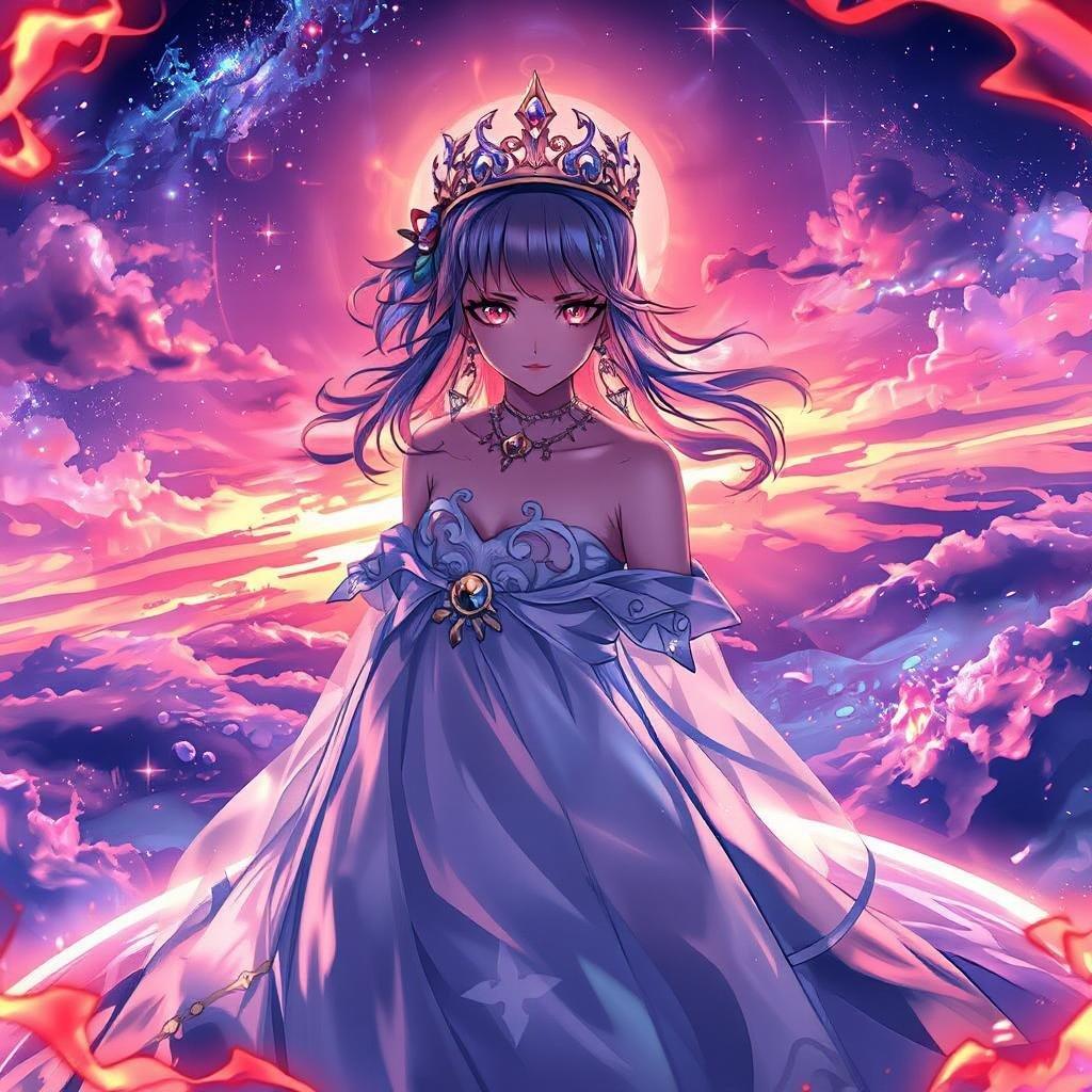 This anime-style wallpaper features a serene and dreamy scene of a young woman, dressed in a white gown and adorned with a crown, standing on a planet amidst a galaxy of stars. The warm glow of the sunset adds to the peaceful and ethereal beauty of the scene.