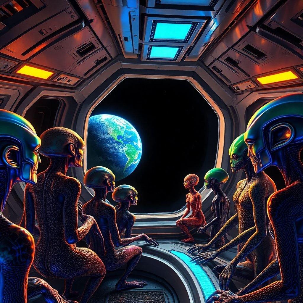 This fantastical scene captures an alien crew exploring a distant planet, their curiosity piqued by the blue and green hues of Earth. The sci-fi theme is accentuated with futuristic tech and vibrant colors.