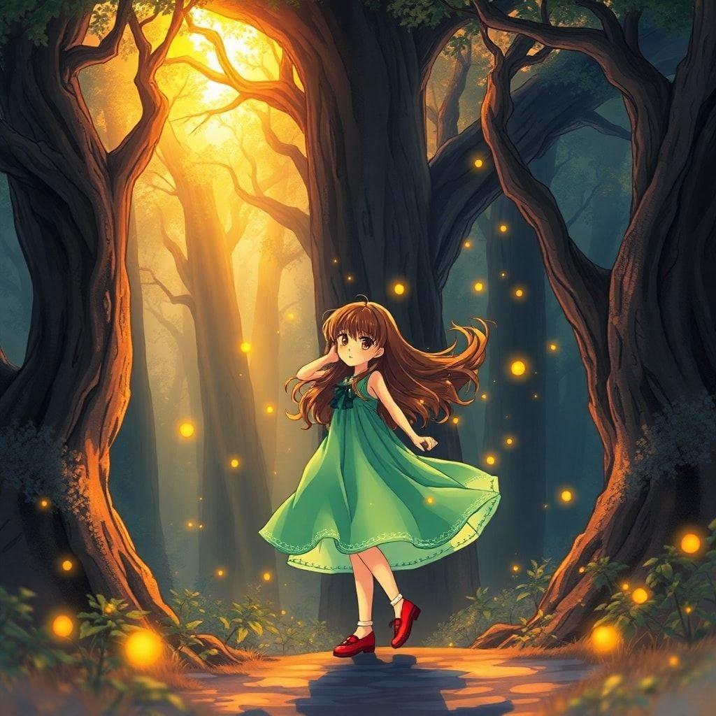 Une illustration anime captivante d'une jeune fille debout dans une forêt ancienne, entourée de lucioles, portant une robe verte vibrante et des chaussures rouges.