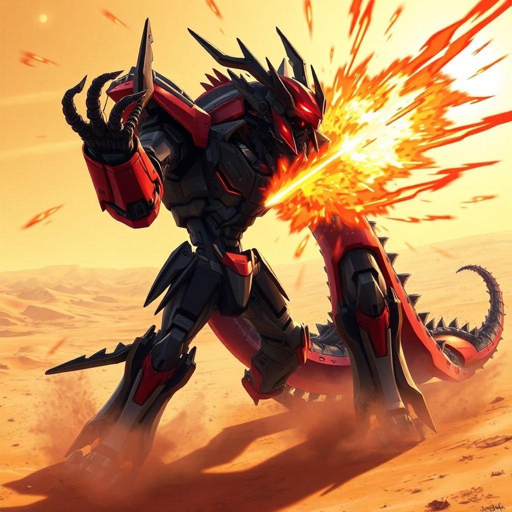 Get ready for an epic battle between a mechanical dragon and a fierce robot in this stunning anime illustration. Set against a desert landscape, the scene is filled with action and energy, with the robot's sharp claws and the dragon's glowing red eye making for a thrilling combination.