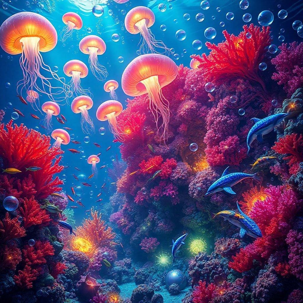 Dive into the vibrant world of an underwater carnival, where colorful fish and playful jellyfish dance amidst coral reefs and sunken treasures.