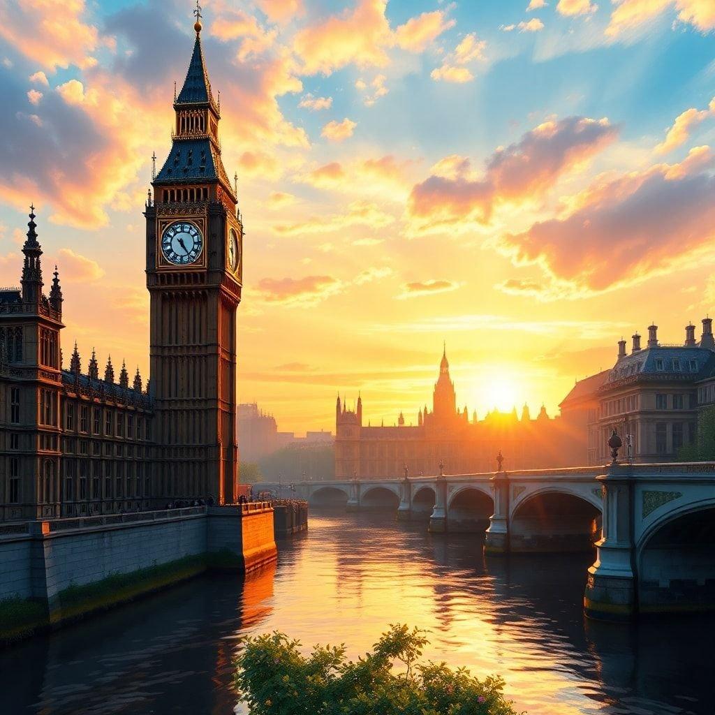 This tranquil evening scene captures the iconic Big Ben clock tower in London, England. The warm sunlight casts a golden glow over the River Thames and Westminster Bridge, creating a picturesque view of this world-renowned city.