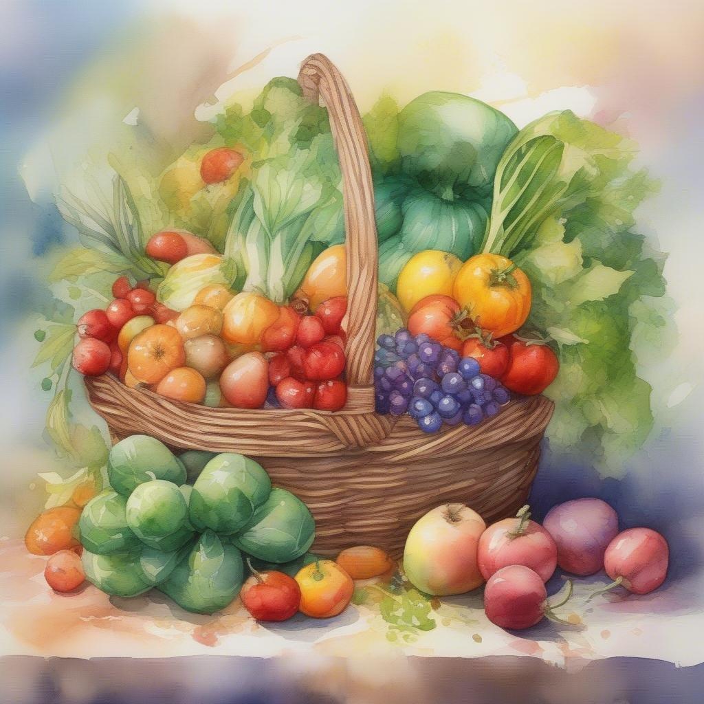 This image is a beautiful and colorful wallpaper for desktop and mobile use, featuring a vibrant Easter basket filled with an assortment of fruits and vegetables. The basket is overflowing with an array of colorful fruits and vegetables, including apples, grapes, tomatoes, peppers, and lettuce, creating a visually appealing and festive scene.