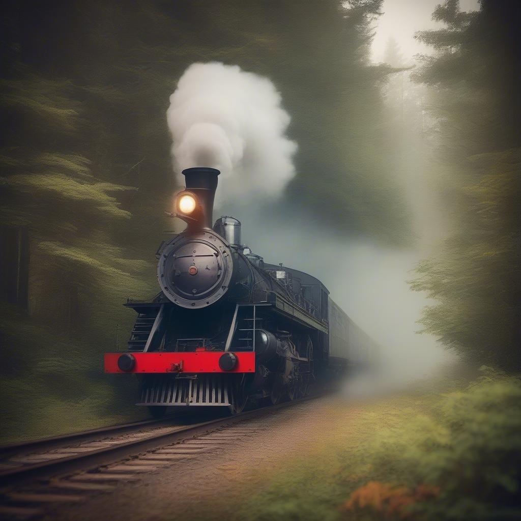 A majestic steam train makes its way through a misty forest, with tall trees on either side creating a canopy over the tracks. The classic design of the locomotive evokes a sense of nostalgia and adventure as it travels down the railroad track.