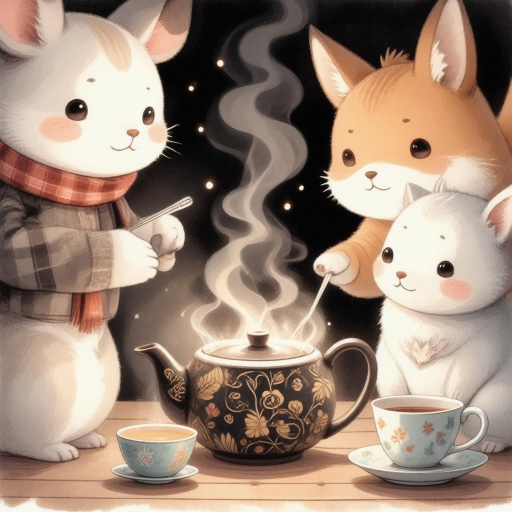 This whimsical anime-style illustration captures a heartwarming scene of cute, anthropomorphic animals gathered around a teapot, exuding a sense of warmth and curiosity.