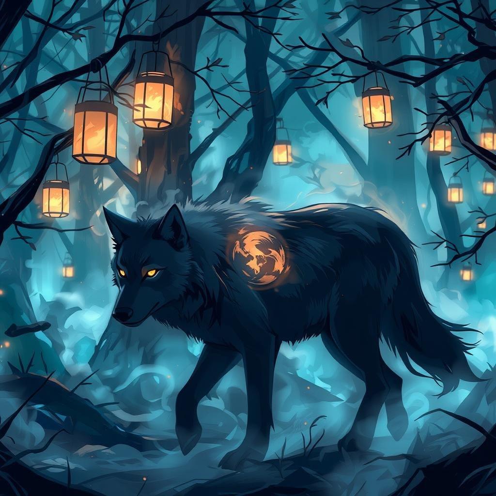 Immerse yourself in the enchanting world of anime with this captivating wallpaper featuring a wolf walking through a misty forest, illuminated by soft lanterns.