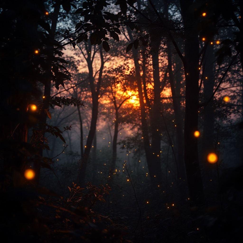 An enchanting forest trail at sunset, with a mystical glow from fireflies dotting the air.