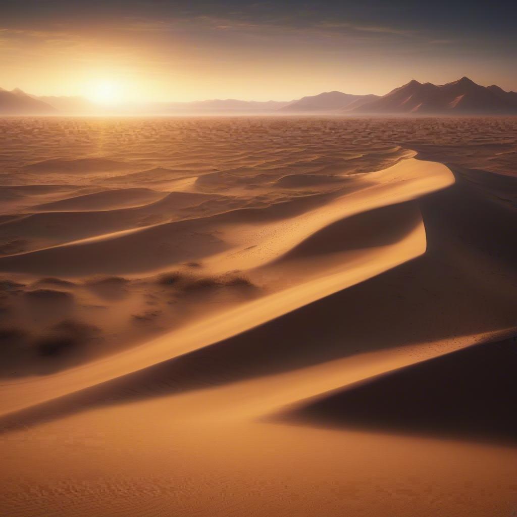 A serene scene at sunset, with the warm hues of the sky casting a magical glow over the sandy dunes.