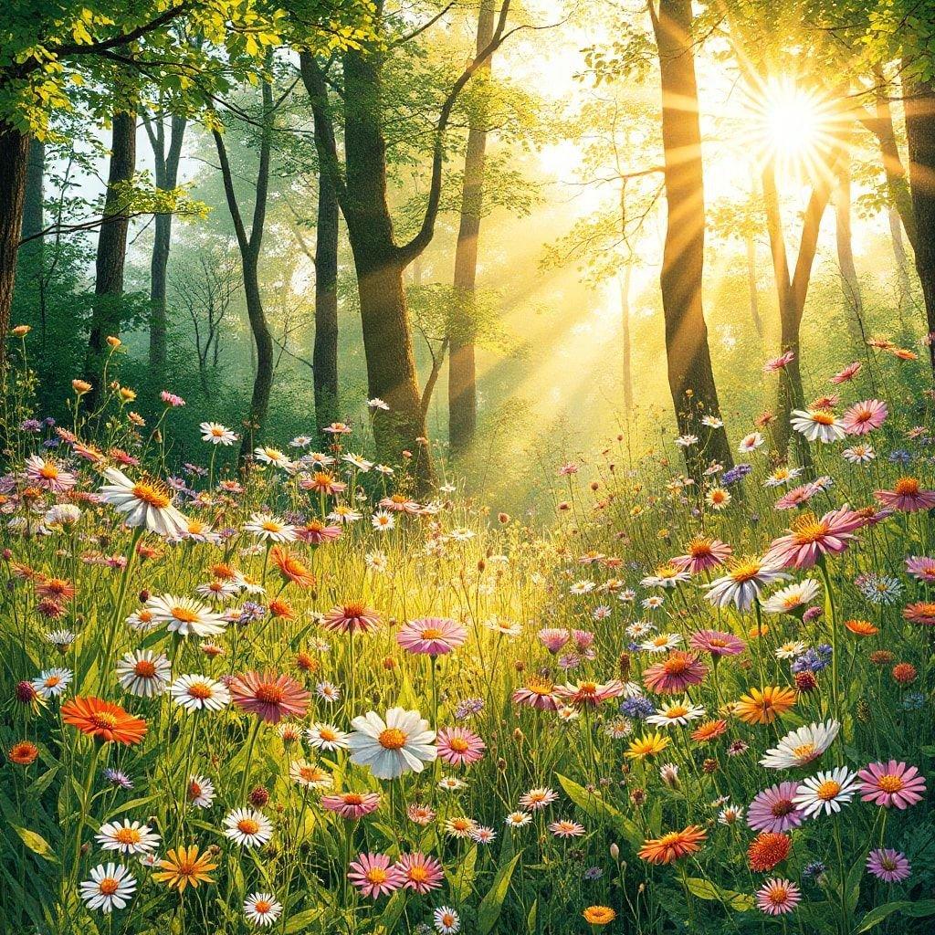 This serene wallpaper captures the beauty of a lush meadow in the morning light, with vibrant wildflowers swaying gently in the breeze.