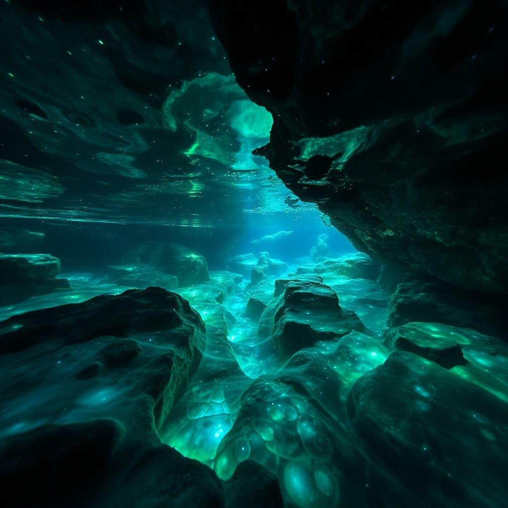 Explore the mysterious depths of an ice cave where light dances with blue-green hues. The breathtaking scene unfolds beneath the ocean's surface, a mesmerizing vista that captures the heart of adventure.