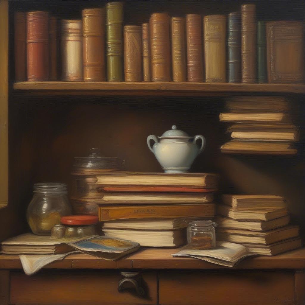 An old-fashioned bookshelf filled with books, teapot, and jars of herbs.