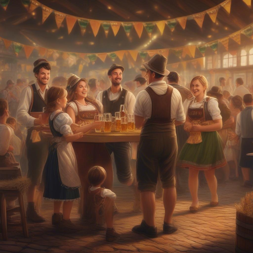 Únete a la diversión en Oktoberfest, donde la tradición se encuentra con la festividad. Esta imagen captura la esencia del festival de cerveza más grande del mundo, con personas vestidas con trajes tradicionales y disfrutando de una variedad de cervezas y otros manjares festivos.