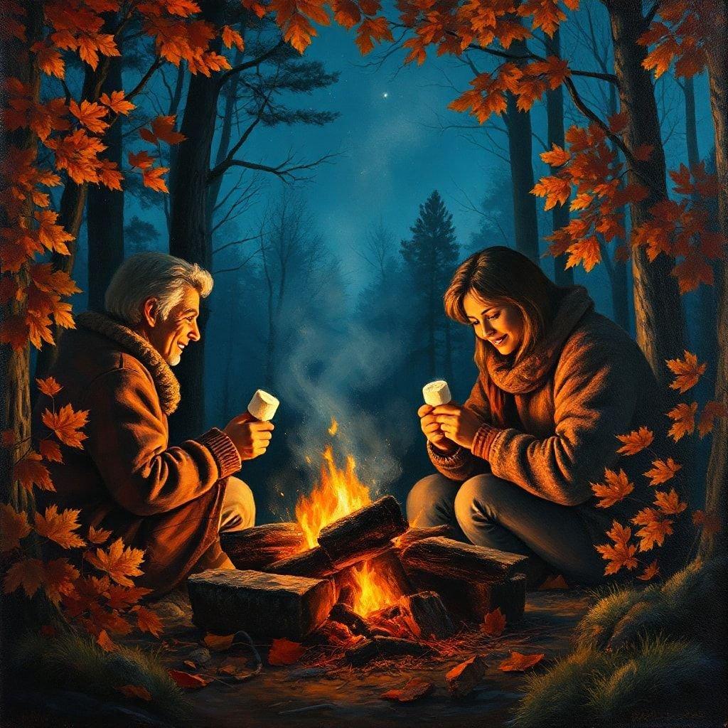 Gather 'round the campfire with loved ones on a crisp autumn evening, roasting marshmallows and sharing stories.