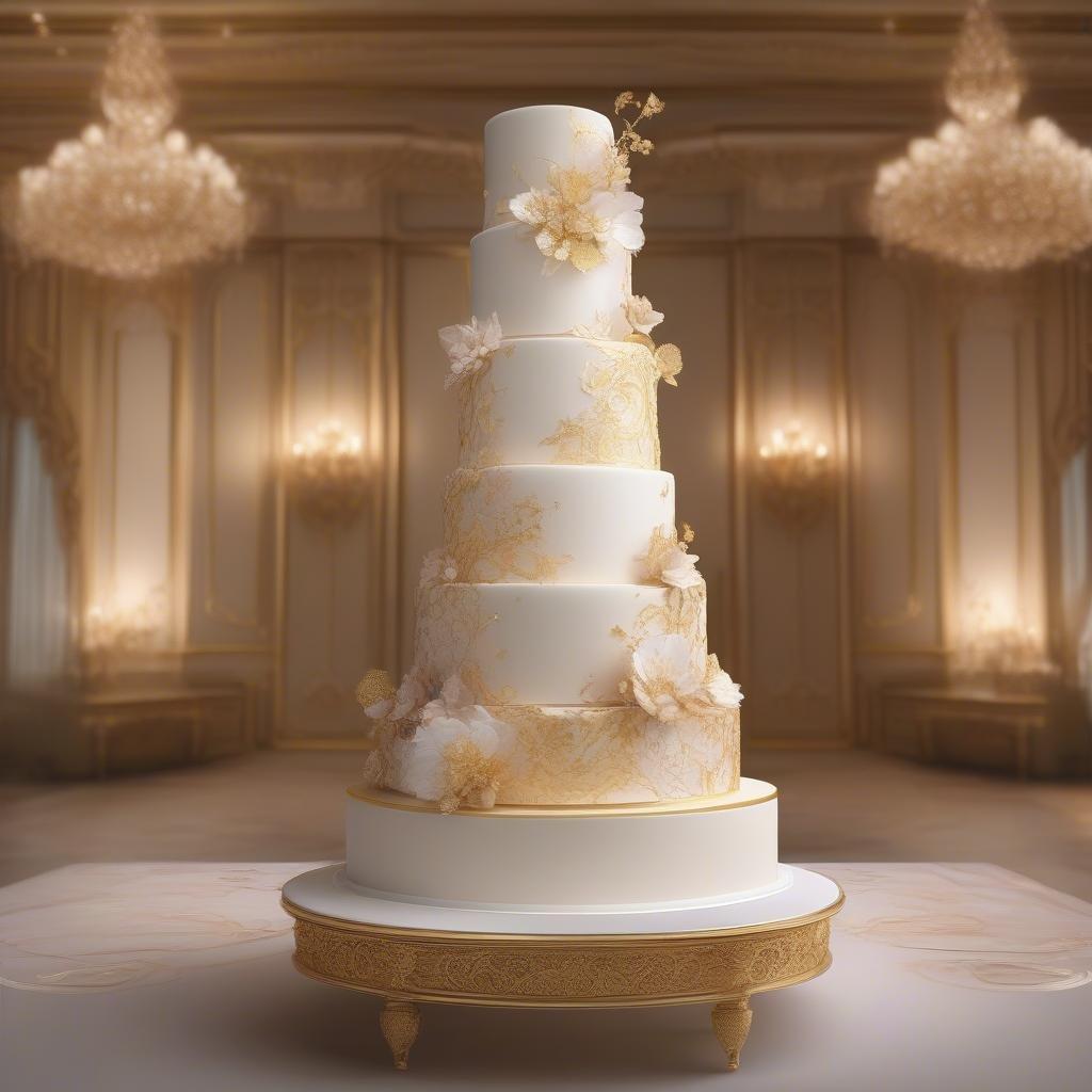 An elegant three-tiered cake, adorned with gold accents and a chic floral design, perfect for any sophisticated celebration.