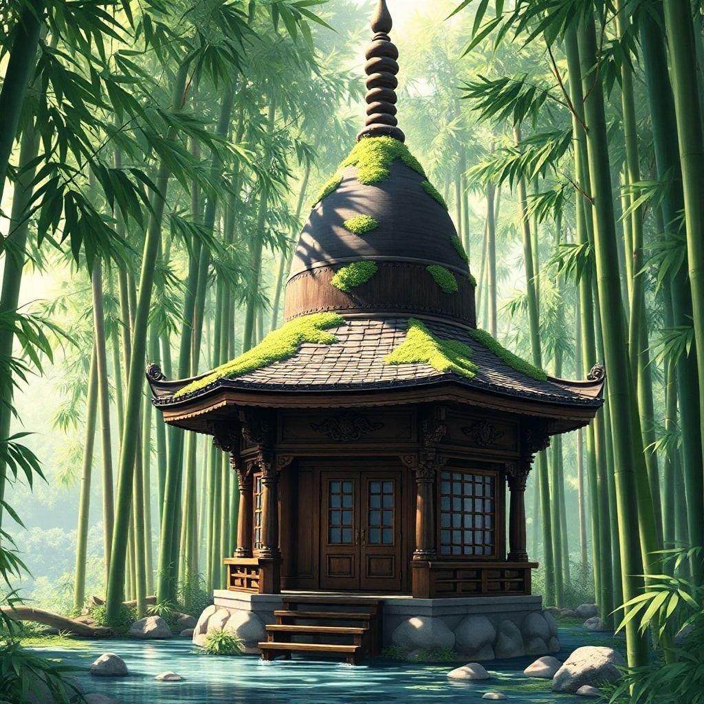 Immerse yourself in the tranquil beauty of this anime-style water temple, nestled within a bamboo forest. The intricate carvings and large dome of the temple create a sense of serenity, while the lush greenery surrounding it adds to the peaceful ambiance.