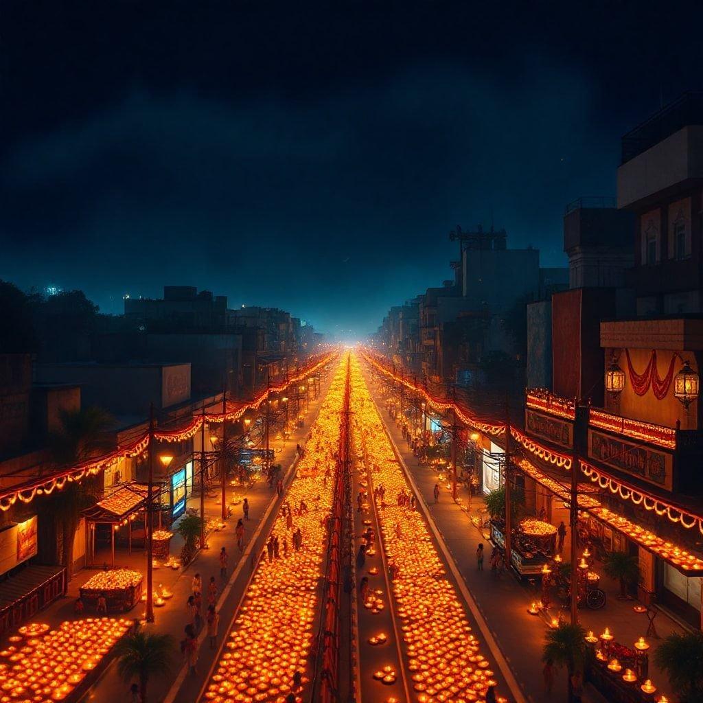 A lively street in India, adorned with rows of diyas for the annual Diwali festival. The glowing lights guide the way as people celebrate the Festival of Lights.