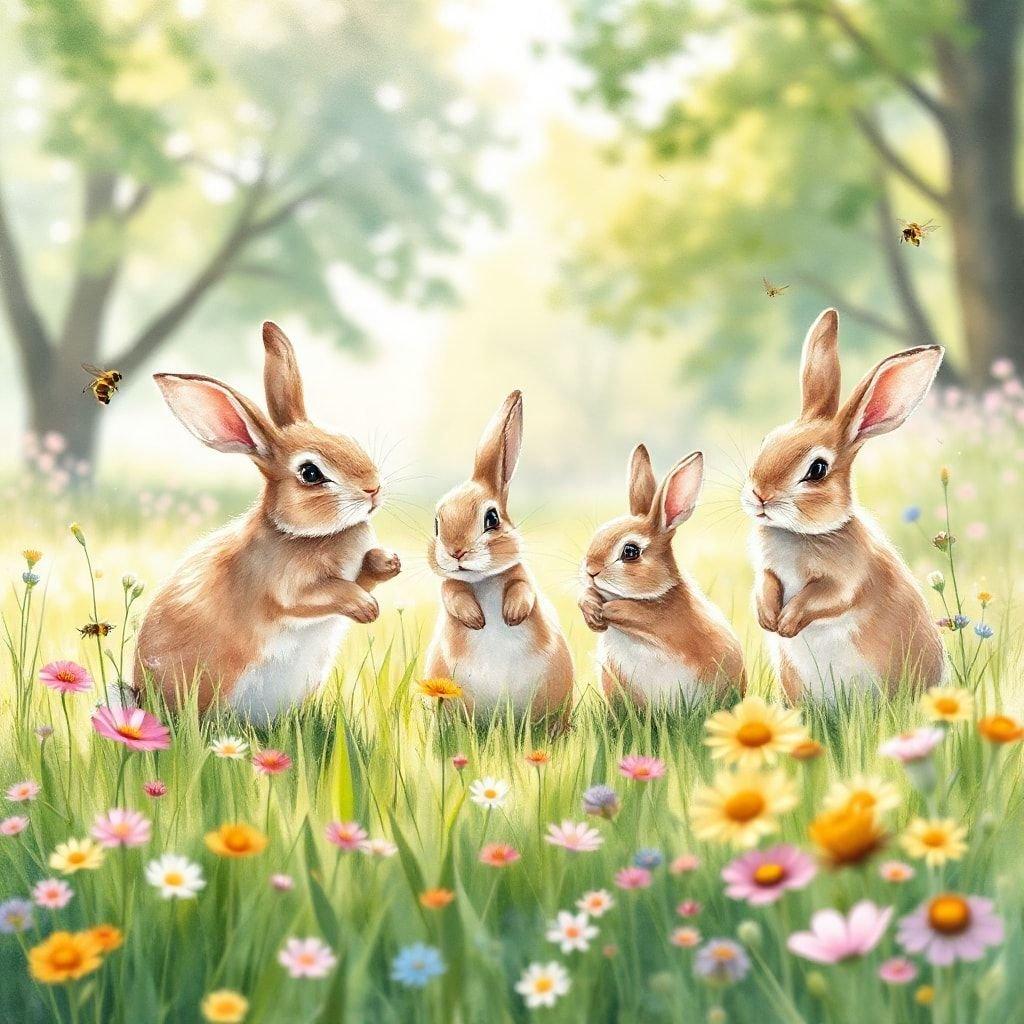 A charming scene of bunnies enjoying the company of each other in a vibrant spring field.