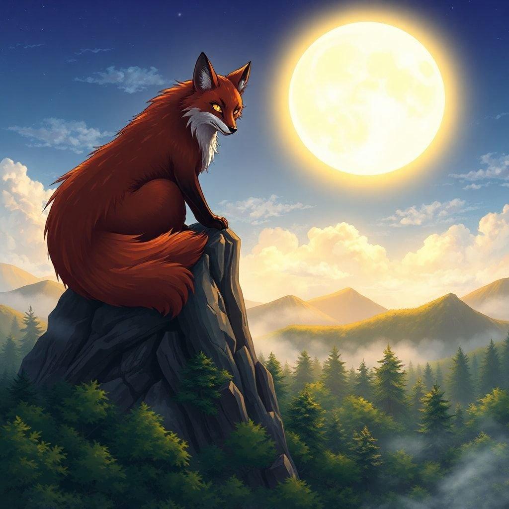 Immerse yourself in the captivating world of anime with this stunning illustration of a fox spirit, set against the breathtaking backdrop of a mountain peak and a glowing full moon.