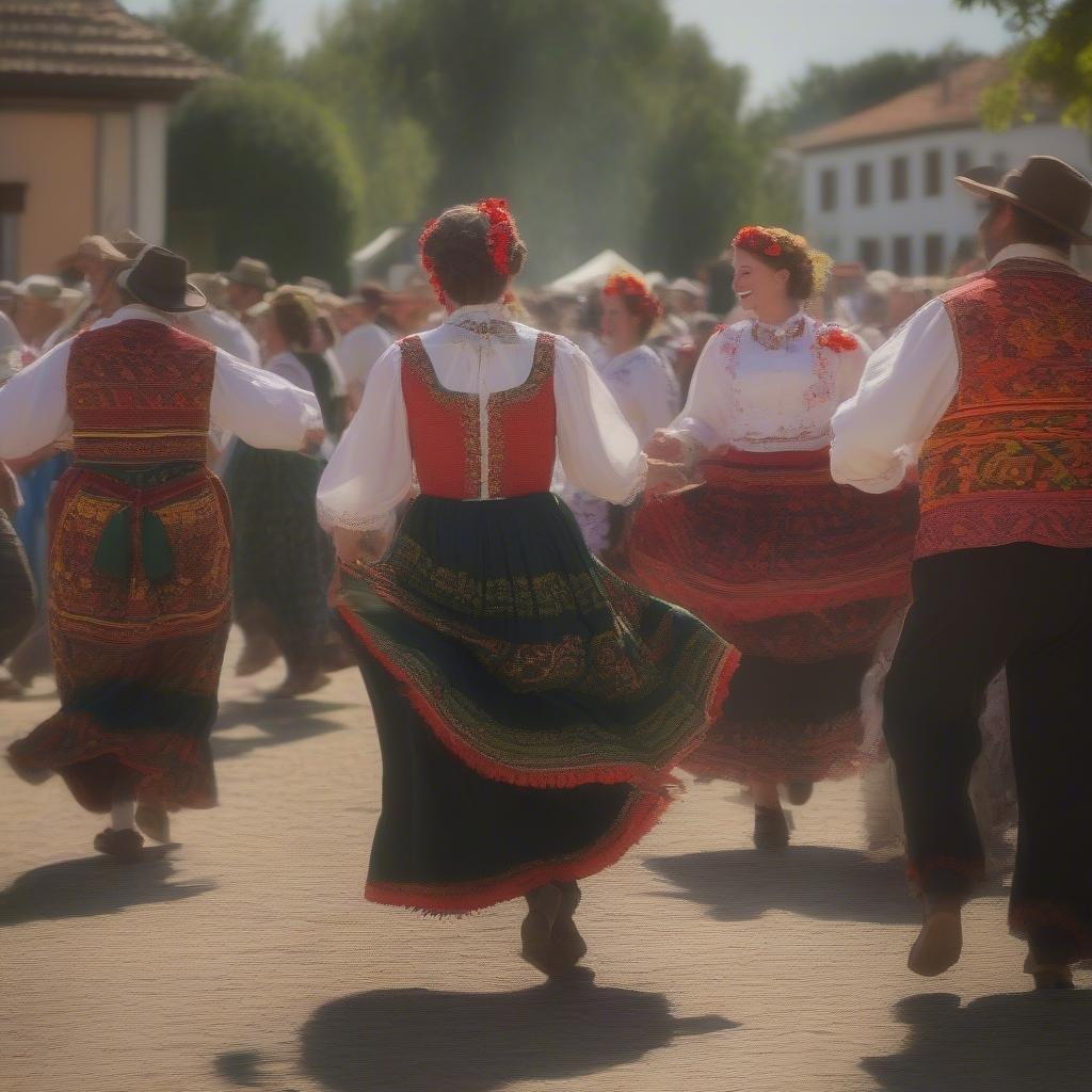 A lively scene from a village cultural festival, featuring traditional folk dancers in vibrant costumes. The atmosphere is festive and joyous, with the colorful attire of the dancers reflecting the richness of their heritage.