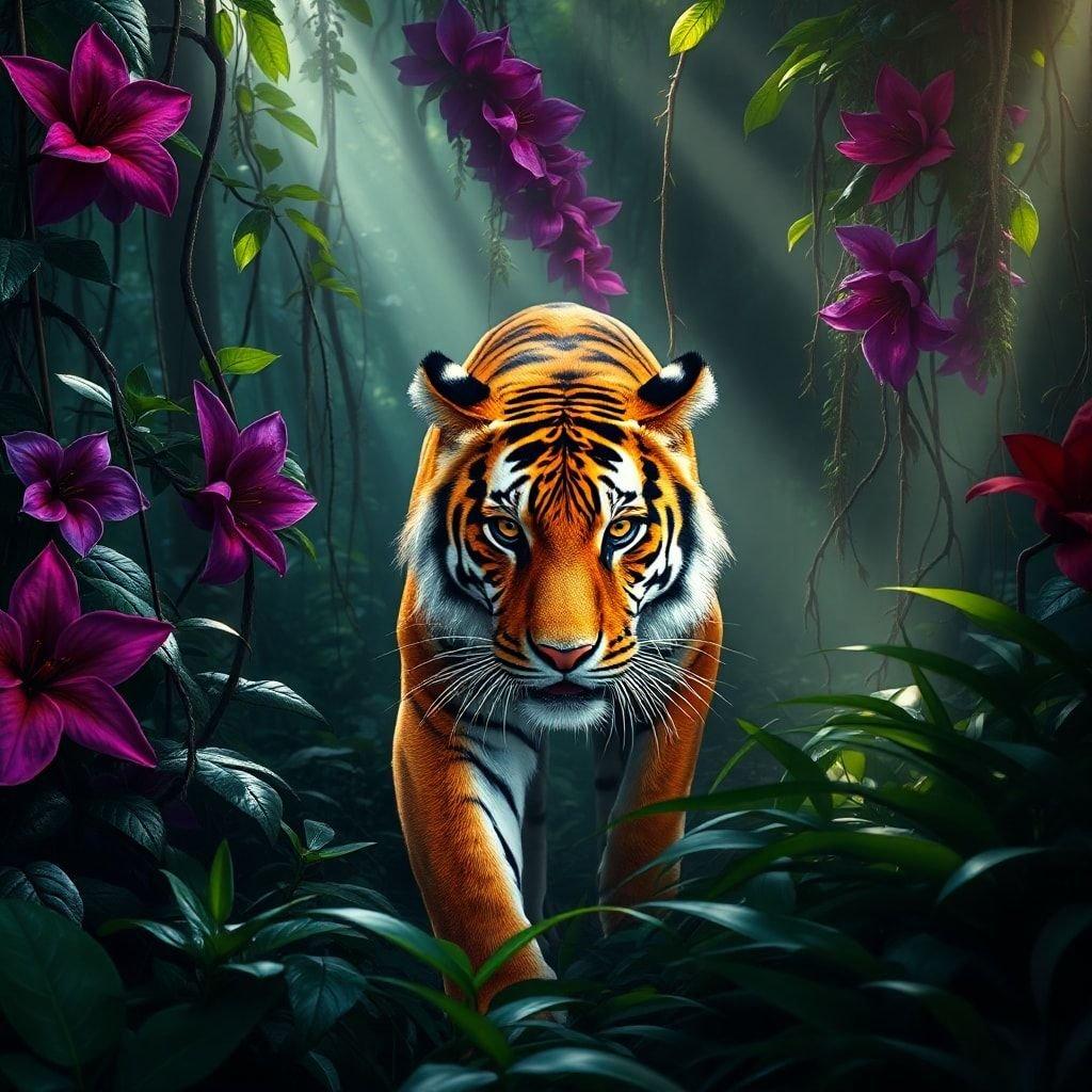 This image captures a majestic tiger stalking through the vibrant green foliage of a lush jungle. The tiger's intense gaze and poised posture evoke the powerful presence of these remarkable creatures.