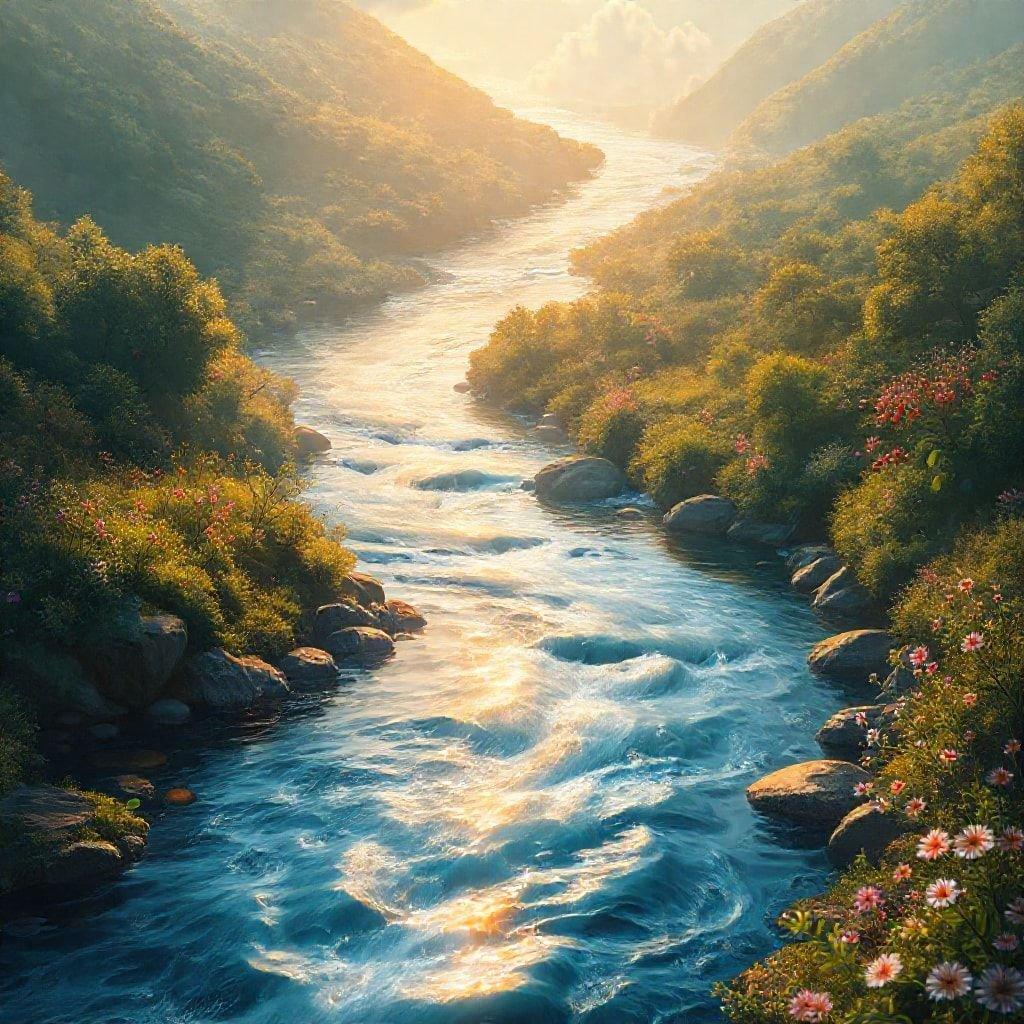 This serene wallpaper captures the beauty of a river flowing through the mountains, perfect for Mother's Day. The gentle flow of the river and the majestic mountains create a peaceful atmosphere, ideal for relaxation and contemplation.