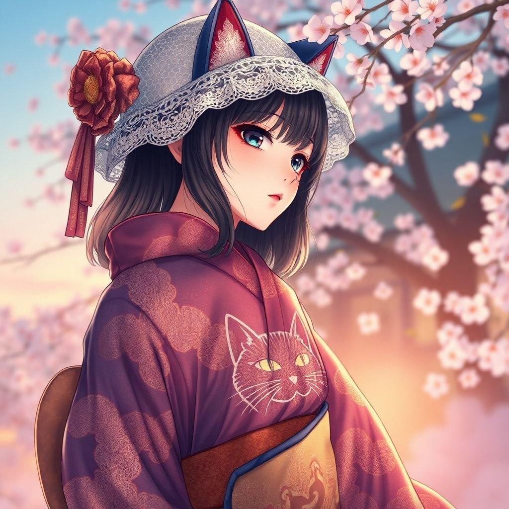 This wallpaper features a stunning anime illustration of a woman wearing a kimono with a cat-like face, creating a unique and captivating design.