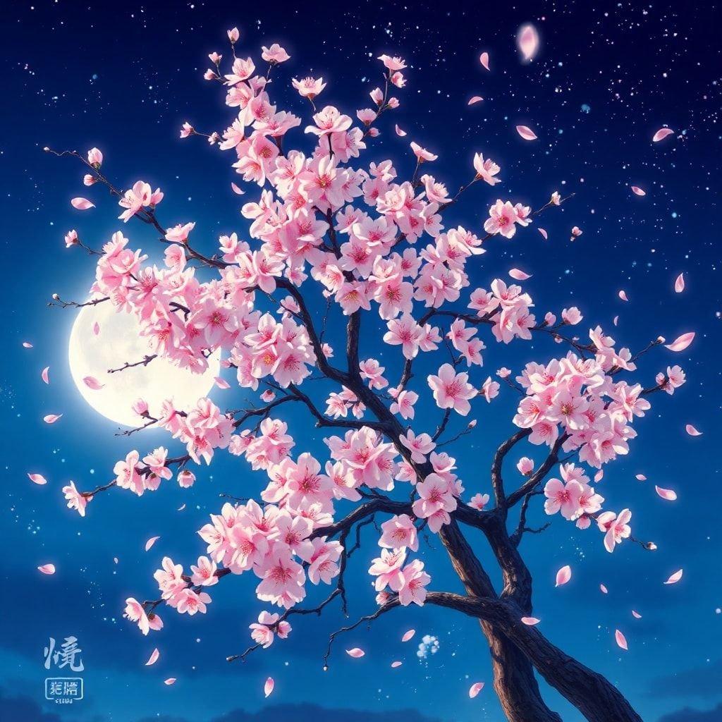 Immerse yourself in the serene beauty of a cherry blossom tree, its delicate petals swaying gently in the moonlight.