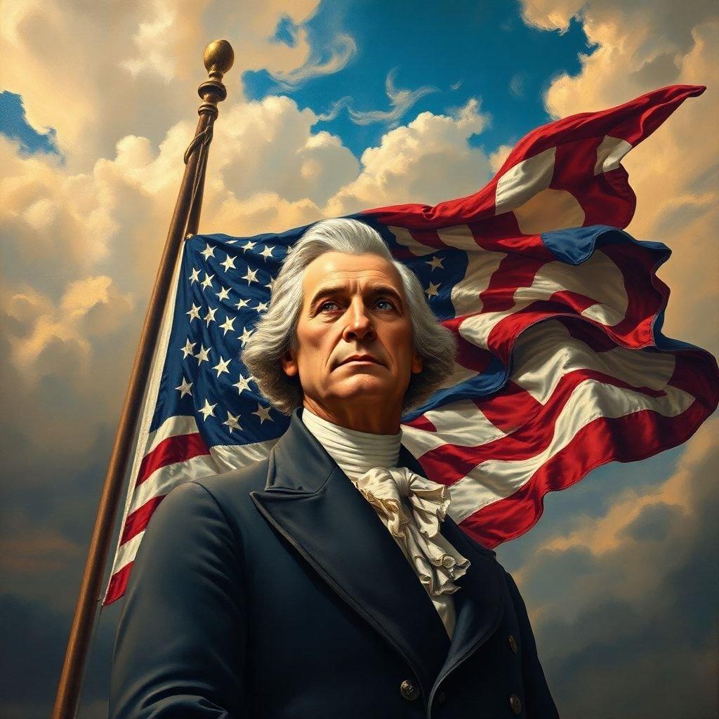 Celebrate Independence Day with this stunning wallpaper featuring John Adams and an American flag.