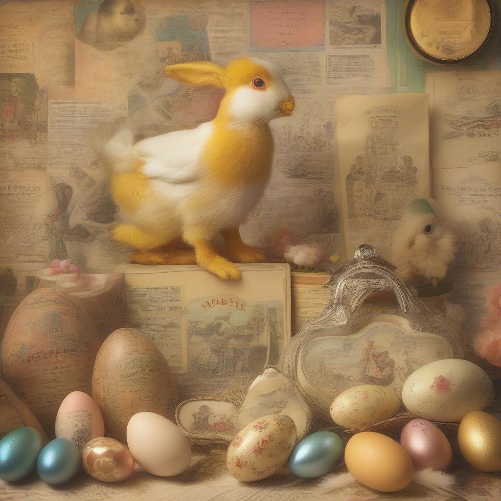 A whimsical Easter scene featuring a bunny among colorful eggs and vintage papers.